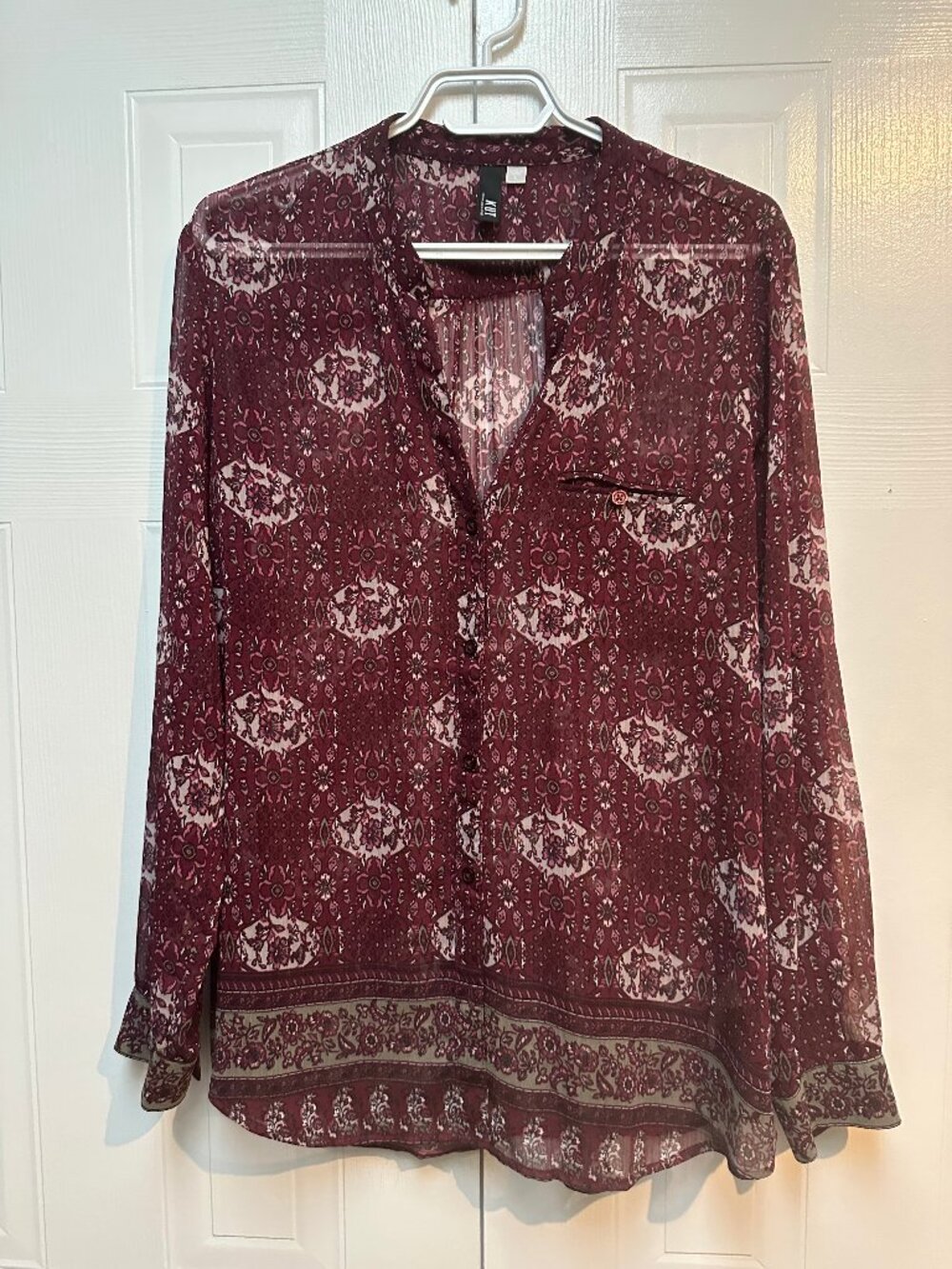 Burgundy patterned sheer blouse, size